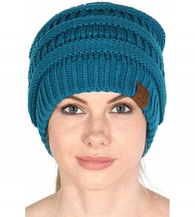 Skullies & Beanies Beanie Ponytail Beanie Messy bun Beanie Soft Warm Cable Winter Chunky Skull Cap - Solid Teal - C9188OOW0N7...