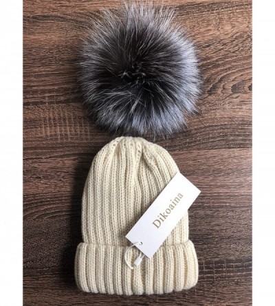 Skullies & Beanies Womens Girls Winter Knitted Slouchy Beanie Hat with Real Large Silver Fox Fur Pom Pom Hats - Style02 Beige...