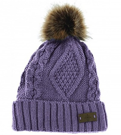 Skullies & Beanies Women's Fleece Lined Knitted Slouchy Faux Fur Pom Pom Cable Beanie Cap Hat - Lavender - CM1872547UI $24.72