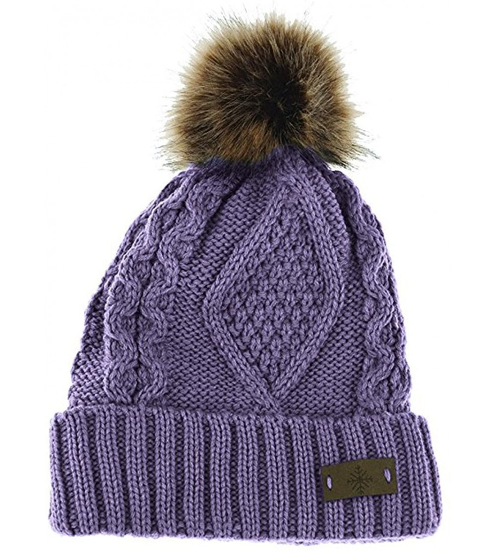 Skullies & Beanies Women's Fleece Lined Knitted Slouchy Faux Fur Pom Pom Cable Beanie Cap Hat - Lavender - CM1872547UI $10.16