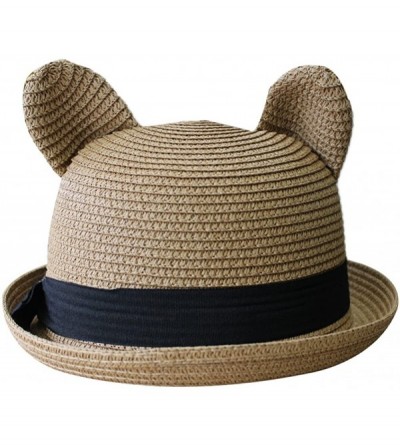 Sun Hats Women's Cute Cat Ear Round Top Bowler Straw Sun UV Summer Beach Roll-up Hat Cap - Khaki - CC12FK8AFNT $11.52