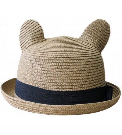 Sun Hats Women's Cute Cat Ear Round Top Bowler Straw Sun UV Summer Beach Roll-up Hat Cap - Khaki - CC12FK8AFNT $11.52