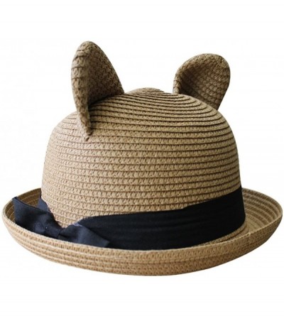 Sun Hats Women's Cute Cat Ear Round Top Bowler Straw Sun UV Summer Beach Roll-up Hat Cap - Khaki - CC12FK8AFNT $11.52