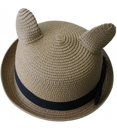 Sun Hats Women's Cute Cat Ear Round Top Bowler Straw Sun UV Summer Beach Roll-up Hat Cap - Khaki - CC12FK8AFNT $11.52