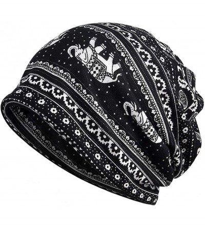 Skullies & Beanies Women's Cotton Beanie Chemo Hats for Cancer Patients - 2pack Black+white Elephant - CL18Q64ADO6 $11.26