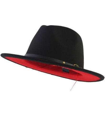 Fedoras Wool Felt Jazz Fedora Hats Belt Buckle Decor Women Unisex Wide Brim Panama Trilby Cowboy Cap Sunhat - Black Red - CI1...