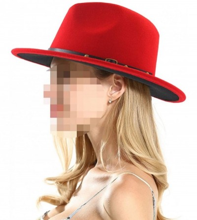 Fedoras Wool Felt Jazz Fedora Hats Belt Buckle Decor Women Unisex Wide Brim Panama Trilby Cowboy Cap Sunhat - Black Red - CI1...