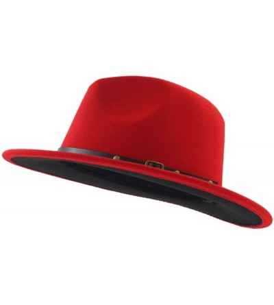 Fedoras Wool Felt Jazz Fedora Hats Belt Buckle Decor Women Unisex Wide Brim Panama Trilby Cowboy Cap Sunhat - Black Red - CI1...