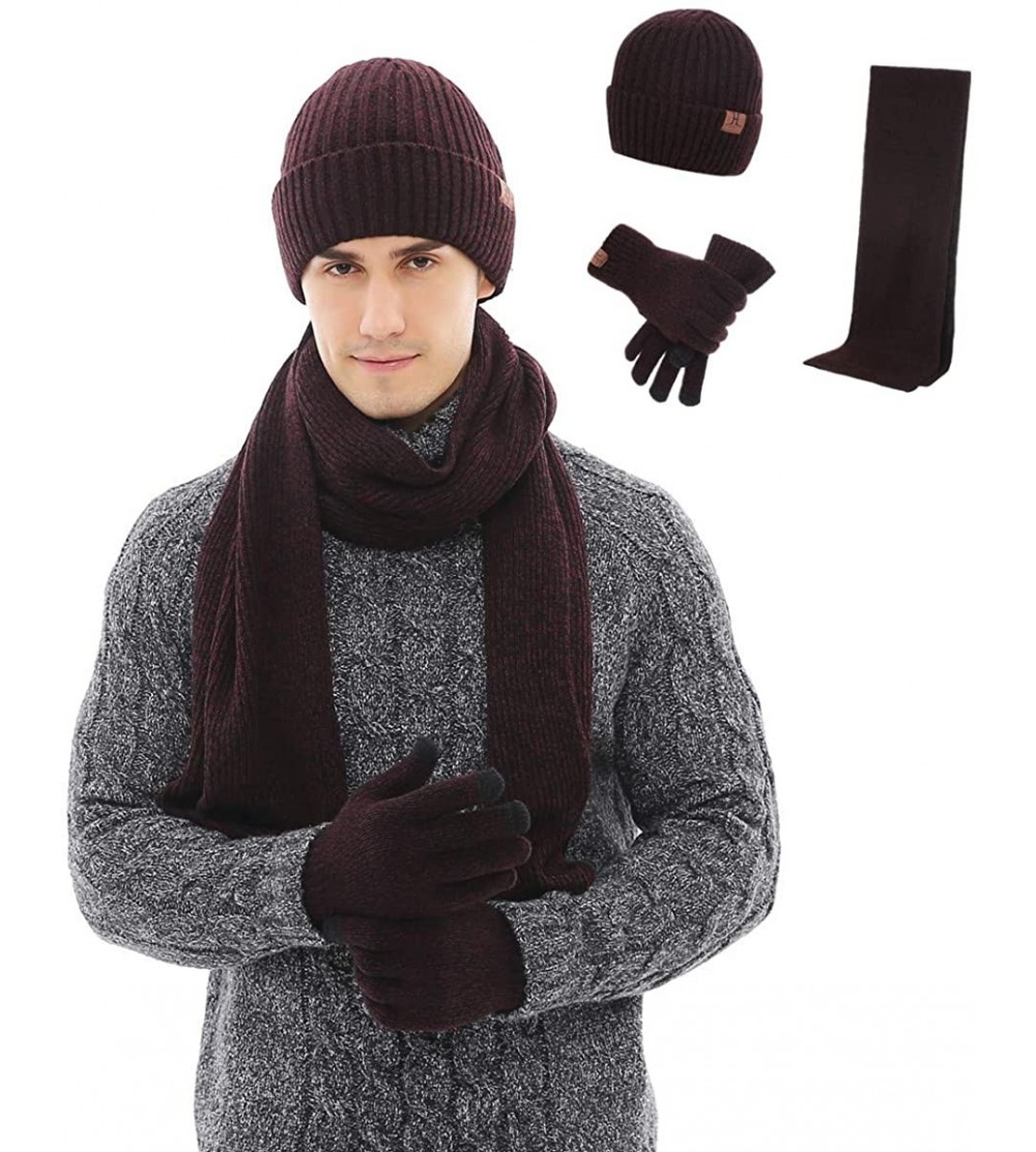 Skullies & Beanies 3 Pcs Winter Knit Beanie Hat Scarf and Touch Screen Gloves Set Fleece Lined for Men Women - CJ18YY9CMD0 $1...