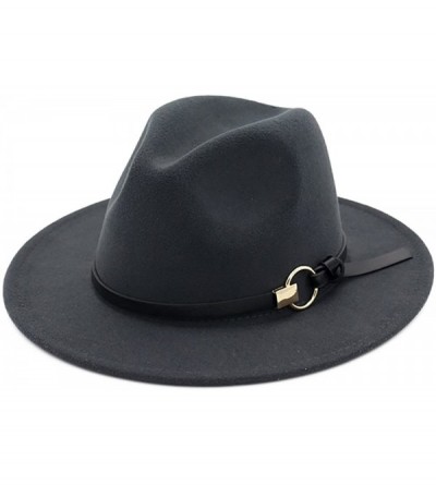Fedoras Women Wide Brim Vintage Jazz Hat Fedora with Belt - Dark Grey - CB1867XX0E5 $24.88