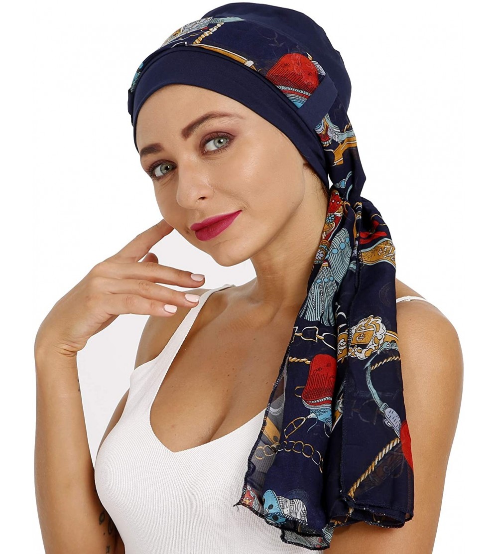 Skullies & Beanies Bamboo Cotton Lined Cancer Headwear for Women Chemo Hat with Scarfs of - Navy Blue - C918WWL7QAG $17.68