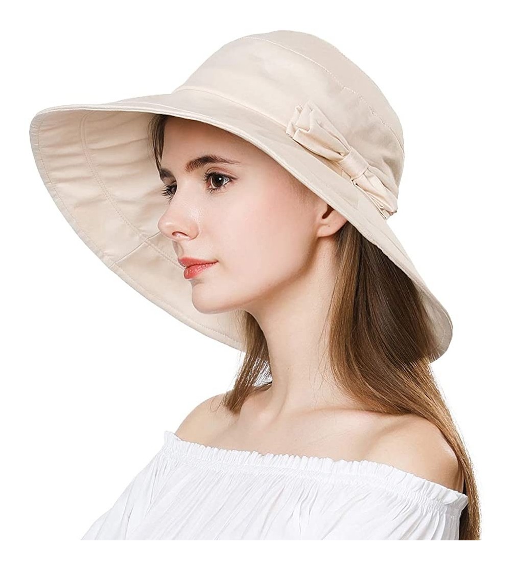 Sun Hats Womens UPF50 Cotton Packable Sun Hats w/Chin Cord Wide Brim Stylish 54-60CM - 69038_beige - C2196T2U0A5 $28.12