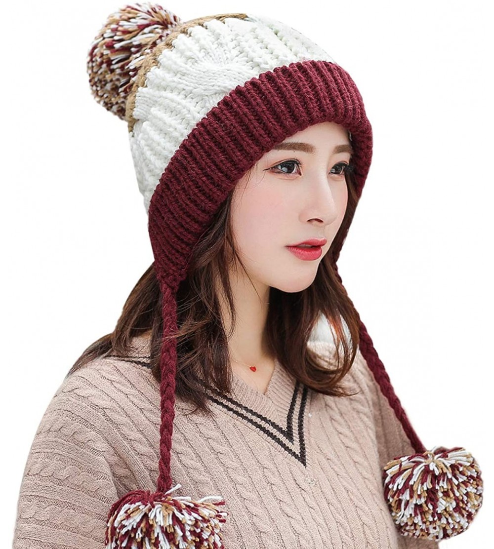 Skullies & Beanies Women Winter Peruvian Beanie Hat Ski Cap Fleece Lined Ear Flaps Dual Layered Pompoms - M8375-jiuhong - CN1...