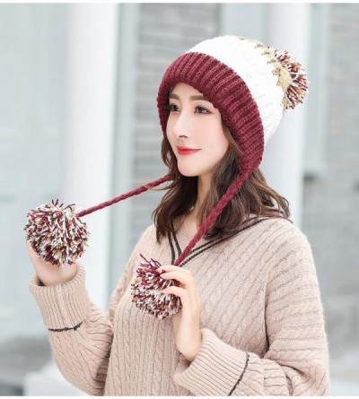 Skullies & Beanies Women Winter Peruvian Beanie Hat Ski Cap Fleece Lined Ear Flaps Dual Layered Pompoms - M8375-jiuhong - CN1...