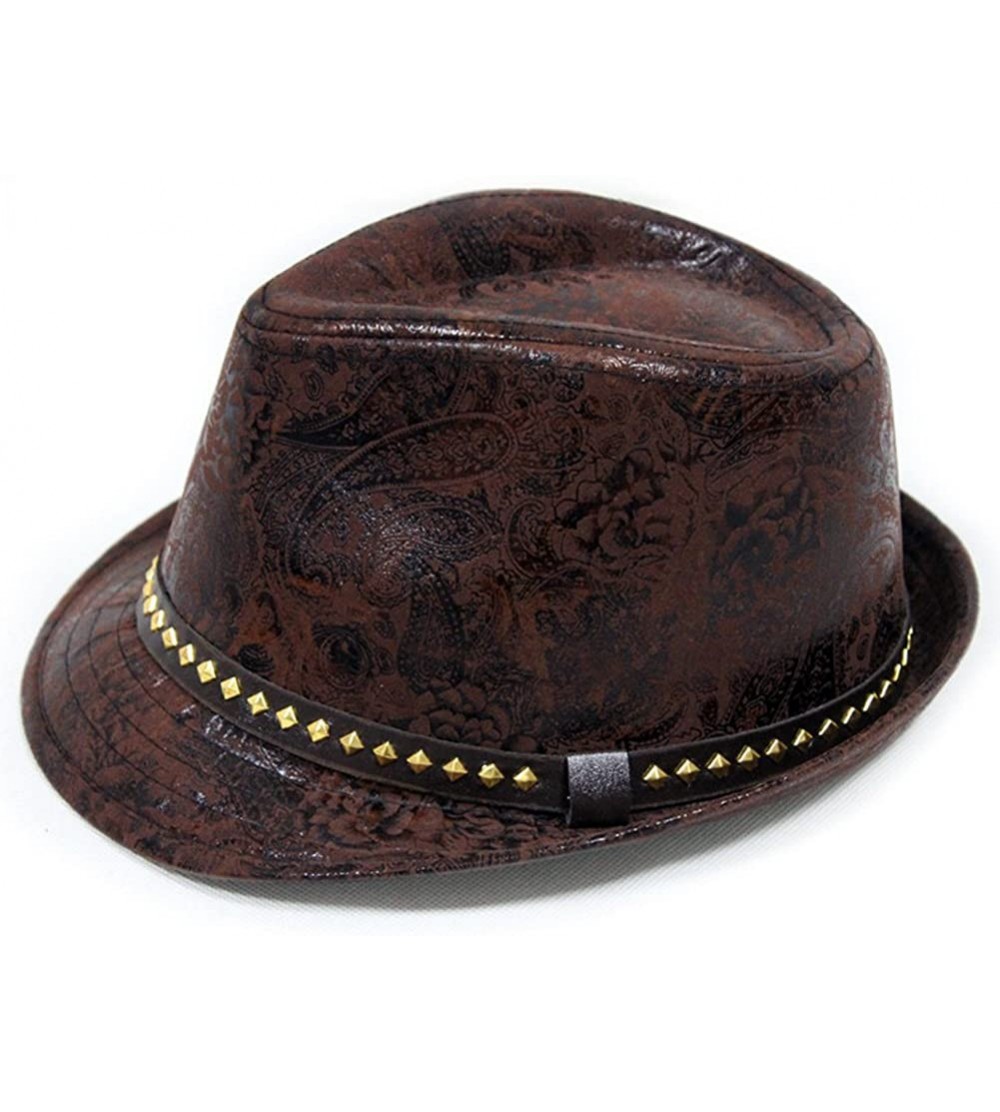 Fedoras Paisley PU Leather Fedora Short Upturn Brim Hat Cap Cuban FFH247BRN - Brown - CI11UB9WC5N $16.31