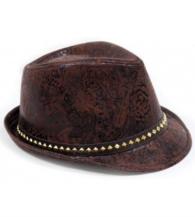 Fedoras Paisley PU Leather Fedora Short Upturn Brim Hat Cap Cuban FFH247BRN - Brown - CI11UB9WC5N $16.31