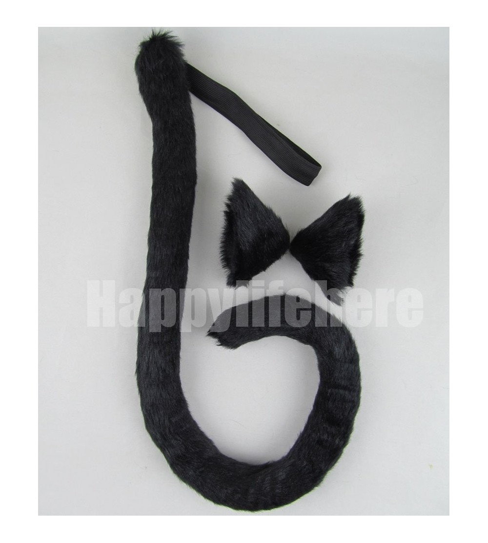 Headbands Long Fur Cat Ears and Cat Tail Set Halloween Party Kitty Cosplay Costume Kits (Black) - Black - CM12GZVFCF7 $18.92