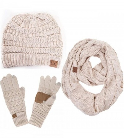 Skullies & Beanies 3pc Set Trendy Warm Chunky Soft Stretch Cable Knit Beanie Scarves Gloves Set - Beige - CS187GNTOZ7 $89.85