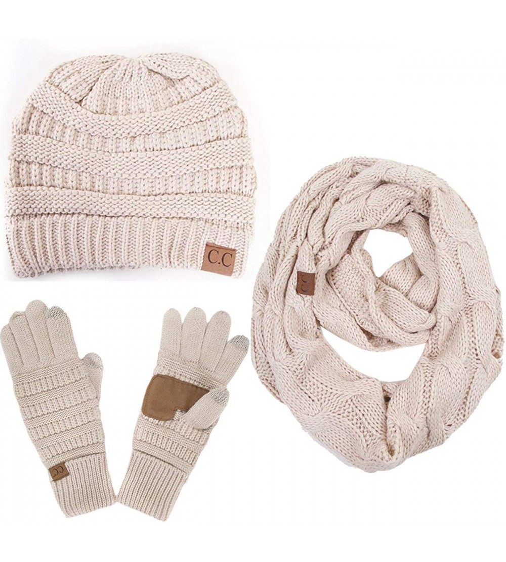 Skullies & Beanies 3pc Set Trendy Warm Chunky Soft Stretch Cable Knit Beanie Scarves Gloves Set - Beige - CS187GNTOZ7 $89.85