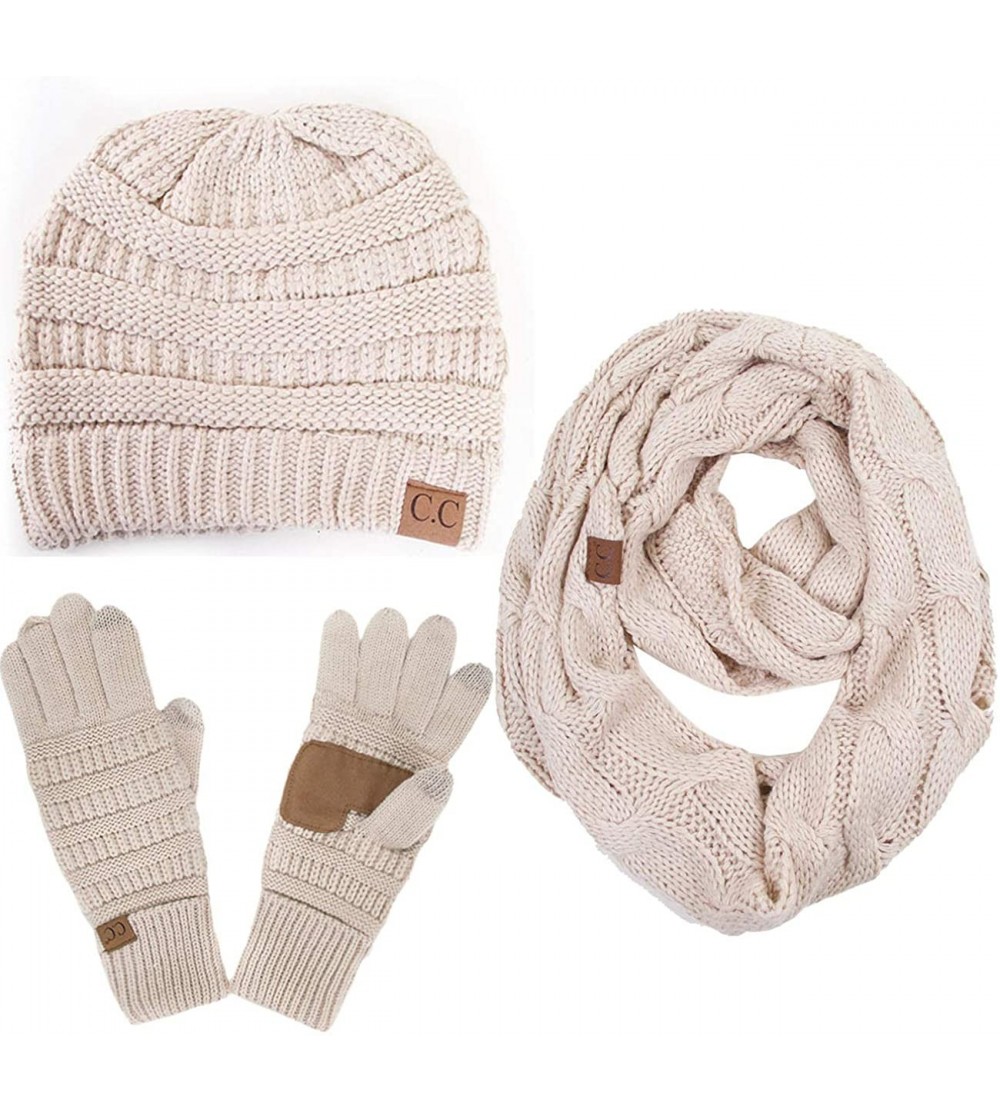 Skullies & Beanies 3pc Set Trendy Warm Chunky Soft Stretch Cable Knit Beanie Scarves Gloves Set - Beige - CS187GNTOZ7 $43.83