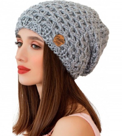 Skullies & Beanies Slouchy Beanie for Women - Ski Cable Knit Winter Warm Large Hat - Wool Snow Outdoor Cap XL - Light Grey - ...