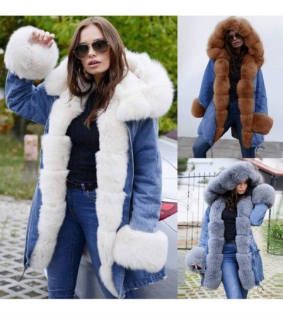 Headbands Womens Fleece Denim Jacket Hooded Coat Faux Fur Lined Warm Coats Parkas Outwear Winter Long Fishtail Overcoat - C51...