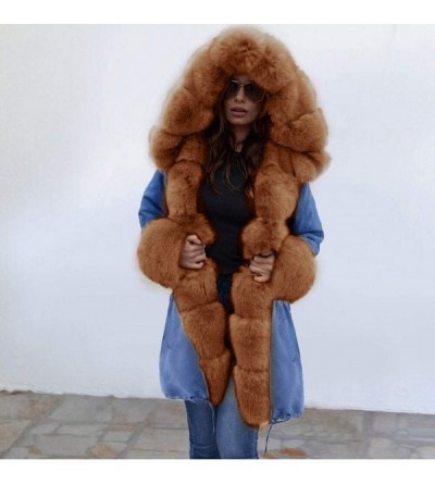 Headbands Womens Fleece Denim Jacket Hooded Coat Faux Fur Lined Warm Coats Parkas Outwear Winter Long Fishtail Overcoat - C51...