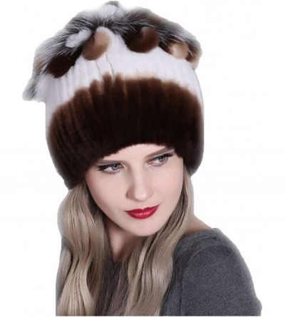 Skullies & Beanies Fur Hat Real Rex Rabbit Fur and Silver Fox Fur Top Flower Shape Cap Women Elastic Winter Warm - Coffee + W...