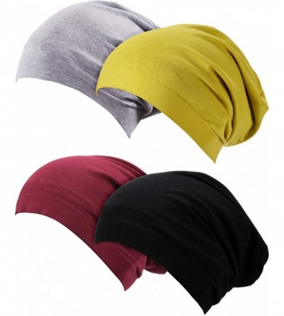 Skullies & Beanies 4 Pieces Satin Lined Sleep Cap Slouchy Beanie Slap Hat for Women - Black- Wine Red- Grey- Yellow - CZ19443...