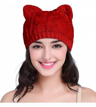 Skullies & Beanies Women Men Girls Boys Teens Cute Cat Ear Knit Cable Rib Hat Cap Beanie - Kitten Red - C412LOYC5I7 $14.49