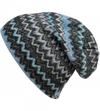 Skullies & Beanies Blue & Gray Chevron Stripe Knit Slouchy Beanie Cap Hat - CM11TT3GIQL $30.15