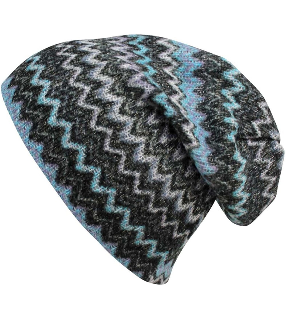 Skullies & Beanies Blue & Gray Chevron Stripe Knit Slouchy Beanie Cap Hat - CM11TT3GIQL $15.07