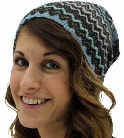 Skullies & Beanies Blue & Gray Chevron Stripe Knit Slouchy Beanie Cap Hat - CM11TT3GIQL $15.07