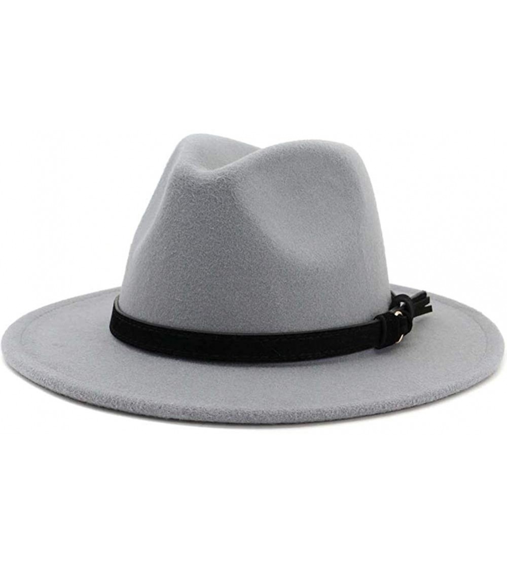 Fedoras Men & Women Vintage Wide Brim Fedora Hat with Belt Buckle - Black Belt-light Grey - C718WQE9GXQ $24.87