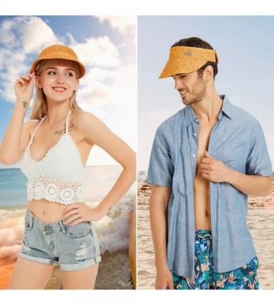 Sun Hats Raffia Straw Braid Visor Hat- UPF 50+ Wide Brim Roll Up Foldable Sun Cap - Tan - CV18U6CRWI8 $18.10