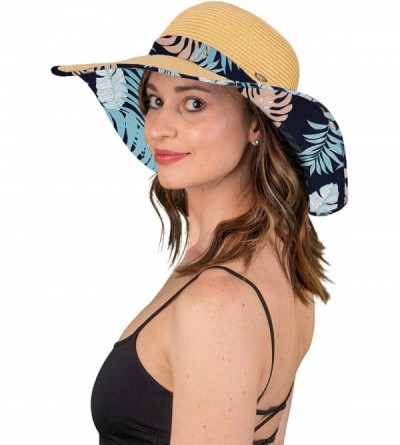 Sun Hats Womens Fabric Patterned Print Brim Adjustable Beach Floppy Sun Hat - Tropical - Navy - CM18Q0T8DOK $13.56