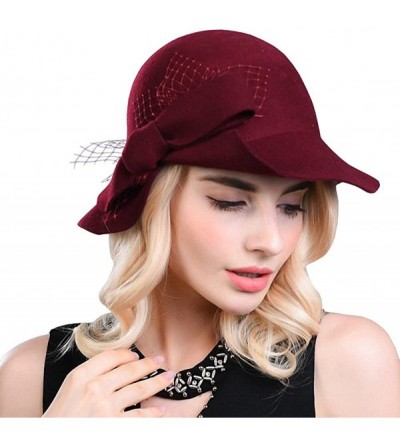 Fedoras Women's Wool Felt Bow Flowers Church Bowler Hat - Wine Red - C812MCIB4DL $25.07