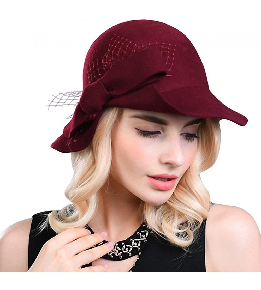 Fedoras Women's Wool Felt Bow Flowers Church Bowler Hat - Wine Red - C812MCIB4DL $25.07