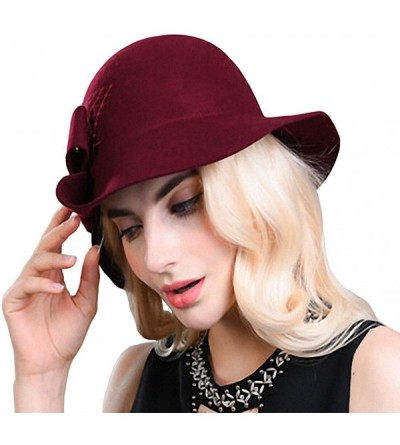 Fedoras Women's Wool Felt Bow Flowers Church Bowler Hat - Wine Red - C812MCIB4DL $25.07