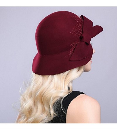 Fedoras Women's Wool Felt Bow Flowers Church Bowler Hat - Wine Red - C812MCIB4DL $25.07