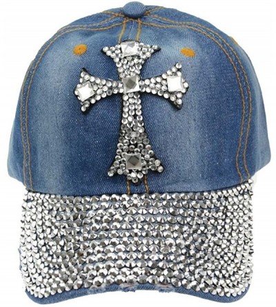 Baseball Caps Denim Cap Cross Studded Sparkle Rhinestone Brim Studs Baseball Cap Adjustable Sun Hat - Deep Blue - CZ1896Q62ZK...