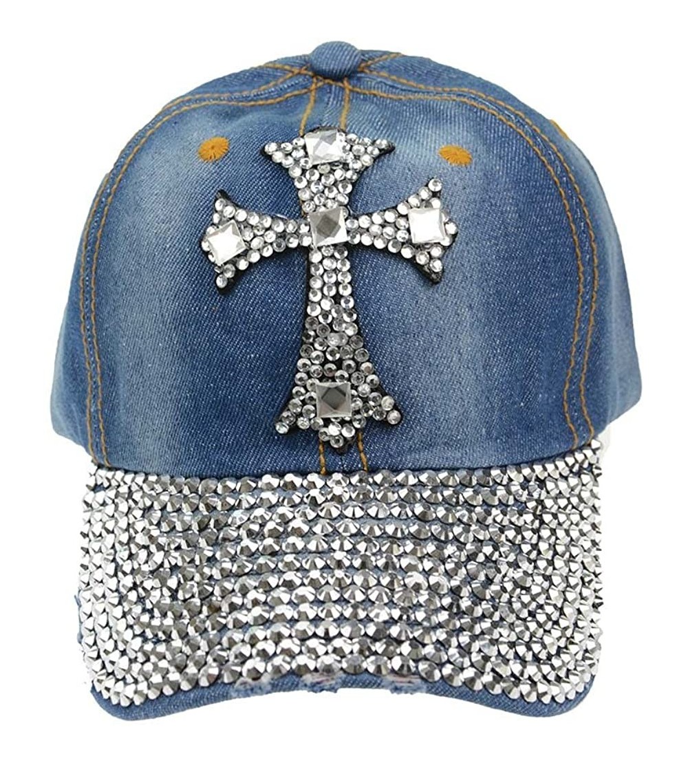 Baseball Caps Denim Cap Cross Studded Sparkle Rhinestone Brim Studs Baseball Cap Adjustable Sun Hat - Deep Blue - CZ1896Q62ZK...