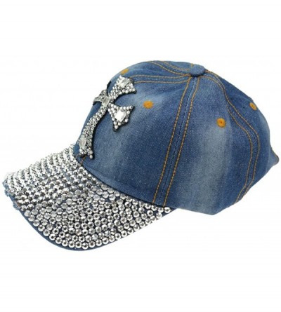 Baseball Caps Denim Cap Cross Studded Sparkle Rhinestone Brim Studs Baseball Cap Adjustable Sun Hat - Deep Blue - CZ1896Q62ZK...