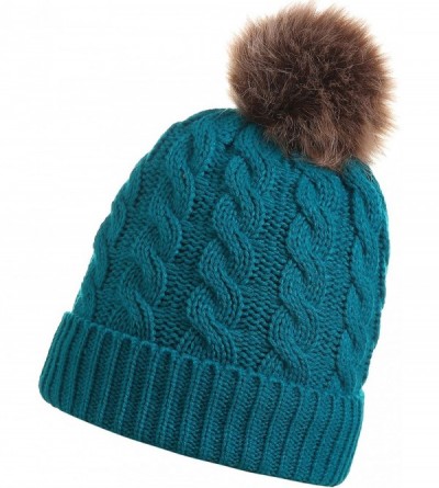 Skullies & Beanies Women's Winter Ribbed Knit Faux Fur Pompoms Chunky Lined Beanie Hats - Dark Green - CA18II8OZAH $11.65
