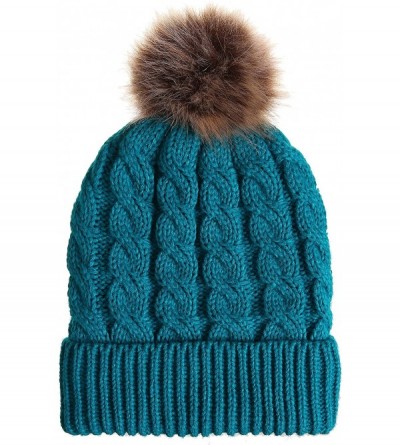 Skullies & Beanies Women's Winter Ribbed Knit Faux Fur Pompoms Chunky Lined Beanie Hats - Dark Green - CA18II8OZAH $11.65