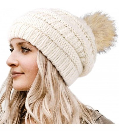 Skullies & Beanies Womens Winter Knit Slouchy Beanie Hat Warm Skull Ski Cap Faux Fur Pom Pom Hats for Women - CZ185XUNT3H $25.58