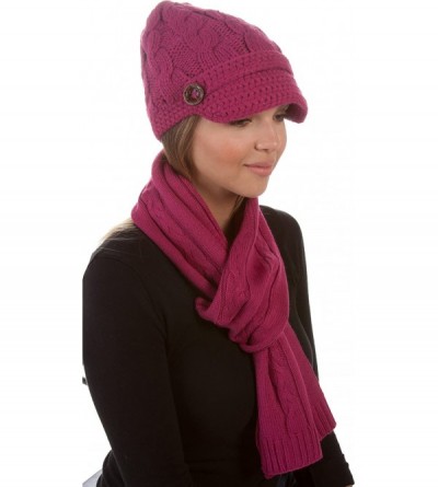 Skullies & Beanies Womens 2-piece Cable Knitted Visor Beanie Scarf and Hat Set with Button - Berry - CC117BB6G0L $17.98