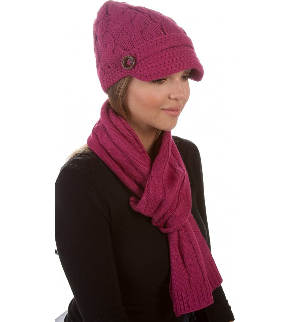 Skullies & Beanies Womens 2-piece Cable Knitted Visor Beanie Scarf and Hat Set with Button - Berry - CC117BB6G0L $17.98