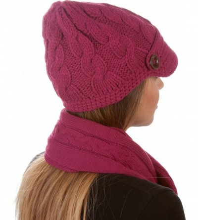 Skullies & Beanies Womens 2-piece Cable Knitted Visor Beanie Scarf and Hat Set with Button - Berry - CC117BB6G0L $17.98