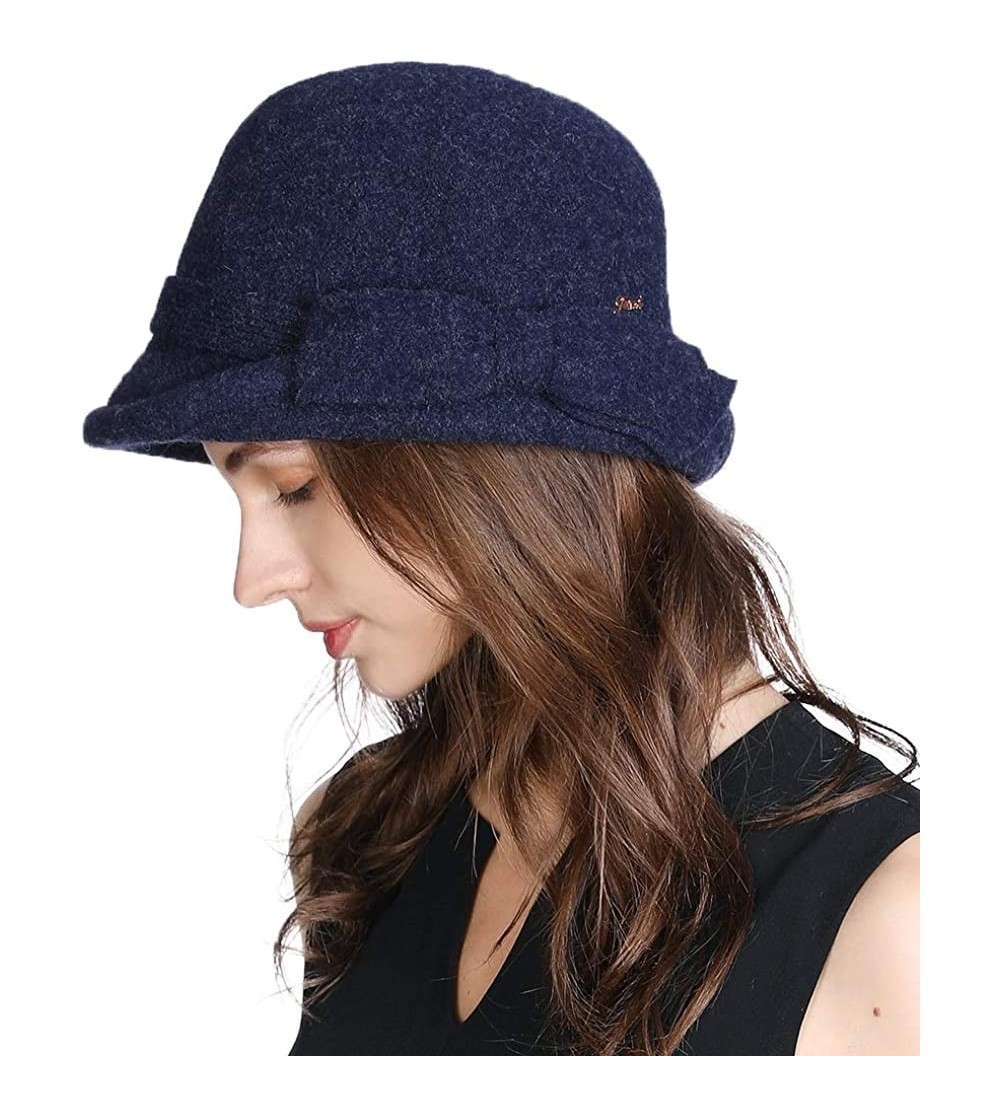 Bucket Hats Womens Wool Blend Winter Bucket 1920s Vintage Derby Hat Fedora Round Fall Bowler 55-59cm - 00767-navy - CC18A69GH...